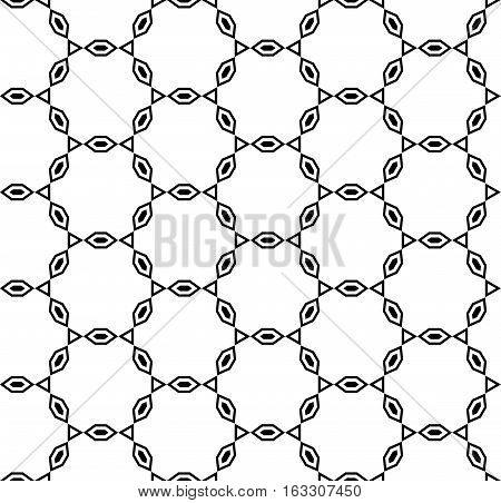 Vector monochrome seamless pattern, repeat ornamental background in oriental style, black & white abstract texture. Illustration of lattice, chain, thin geometric figures. Simple design element for prints, decoration, textile, furniture, stationery, wrapp