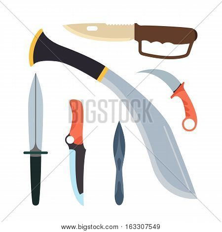 Knife weapon dangerous collection. Vector illustration of sword spear. Edged weapons set. Combat andbonder bayonet cold protection or attack steel arms.