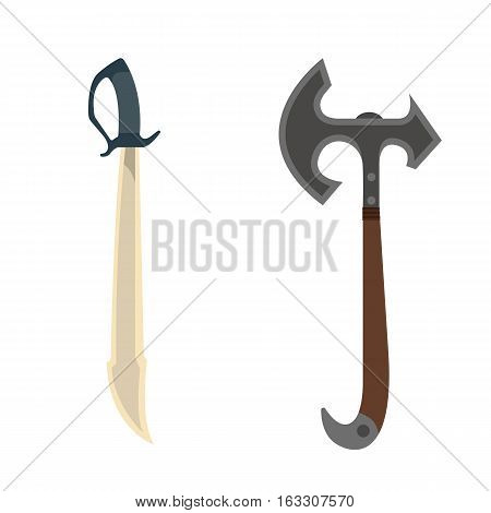 Knife and axe weapon dangerous collection. Vector illustration of sword spear. Edged weapons set. Combat andbonder bayonet cold protection or attack steel arms.