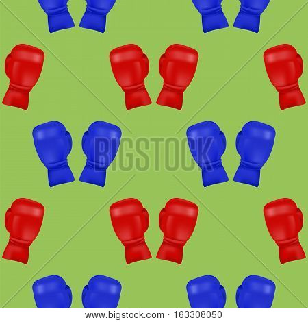 Red Blue Boxing Gloves Seamless Pattern Isolated on Green Background.