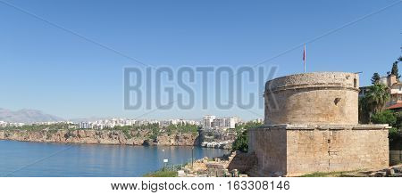 The more than 1.500 years old Hidirlik Tower near the Harbour of Antalya in Turkey