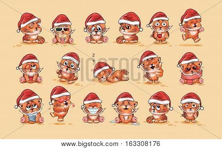 Set Vector Stock Illustrations isolated Emoji character cartoon Tiger cub sticker emoticons with different emotions in the cap of Santa Claus for the greetings Merry Christmas and Happy New Year.