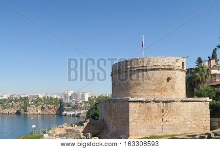 The more than 1.500 years old Hidirlik Tower near the Harbour of Antalya in Turkey