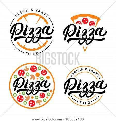Set of pizza hand written lettering logo, label, badge. Emblem for fast food restaurant, pizzaria, cafe. Isolated on white background. Vector illustration.