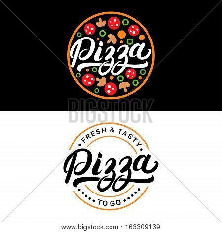 Set of pizza hand written lettering logo, label, badge. Emblem for fast food restaurant, pizzaria, cafe. Isolated on background. Vector illustration.