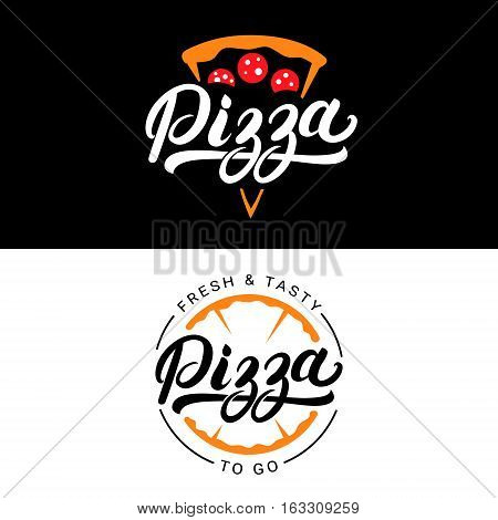 Set of pizza hand written lettering logo, label, badge. Emblem for fast food restaurant, pizzaria, cafe. Isolated on background. Vector illustration.