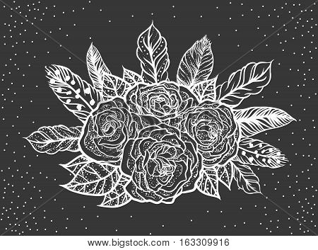 Blackwork tattoo of rose and feathers bouquet. Very detailed vector illustration. Boho design for print, posters, t-shirts. Hand drawn