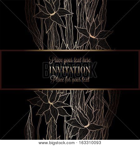 Lilies Background With Antique, Luxury Black And Gold Vintage Frame, Victorian Banner, Damask Floral