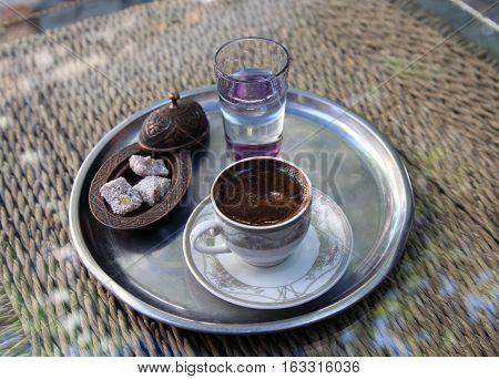 Traditional Turkish coffee and Turkish delight in  metal tray in Beypazarı, Ankara, Turkey