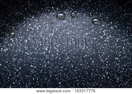 droplets of oil in a frying pan with non-stick coating. top view