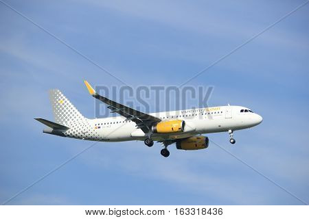 Amsterdam the Netherlands - July 21st 2016:EC-MLE Vueling Airbus A320 approaching Polderbaan runway at Schiphol Amsterdam Airport arriving from Malaga