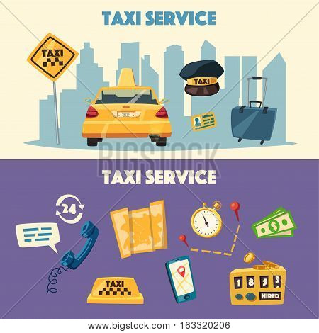 Taxi service. Cartoon vector illustration. Order and payment. Public auto transport banner. Landing and trip. Car in the city.