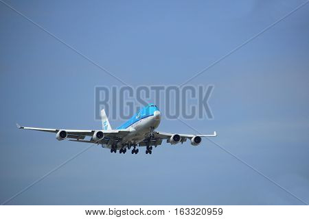 Amsterdam the Netherlands - July 21st 2016: PH-BFD KLM Royal Dutch Airlines Boeing 747-406 approaching Polderbaan runway at Schiphol Amsterdam Airport arriving from Los Angeles United States of America