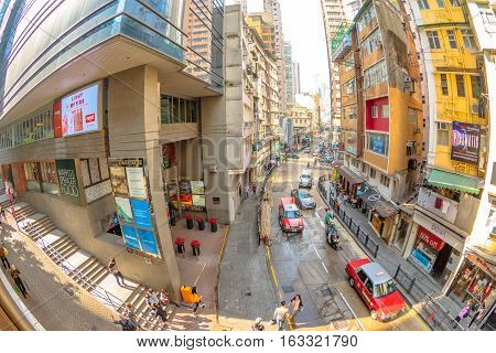 Hong Kong, China - December 4, 2016: aerial and fish-eye view of intersection between Hollywood road and Shelley Street from Central-Mid-Levels Escalator, the world's longest escalator system.