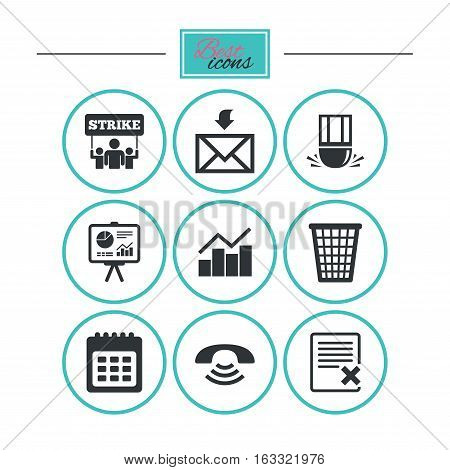 Office, documents and business icons. Call, strike and calendar signs. Mail, presentation and charts symbols. Round flat buttons with icons. Vector