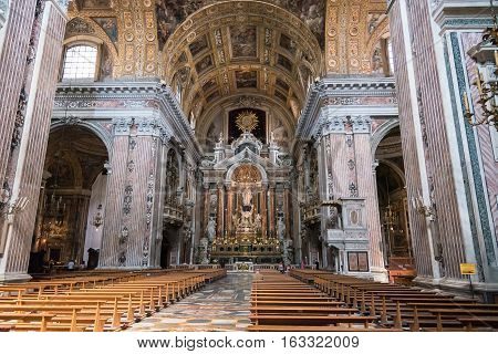 Naples Italy - August 30 2016: Decorated interior of the New Jesus church (Gesu Nuovo).