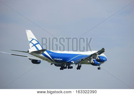 Amsterdam the Netherlands - July 21st 2016:VQ-BGZ AirBridgeCargo Boeing 747 approaching Polderbaan runway at Schiphol Amsterdam Airport arriving from Moscow Russia