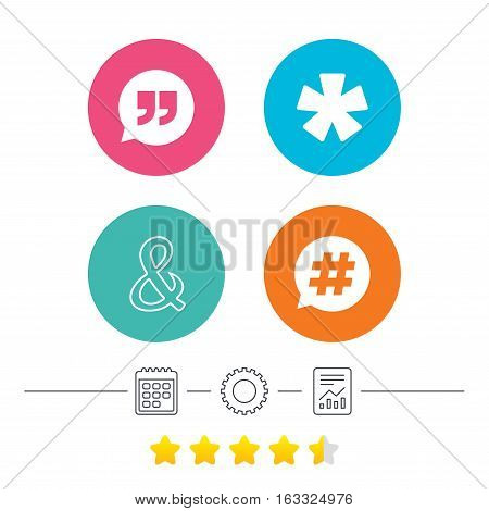 Quote, asterisk footnote icons. Hashtag social media and ampersand symbols. Programming logical operator AND sign. Speech bubble. Calendar, cogwheel and report linear icons. Star vote ranking. Vector