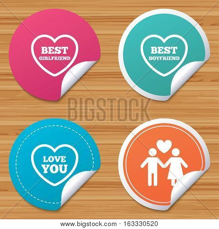Round stickers or website banners. Valentine day love icons. Best girlfriend and boyfriend symbol. Couple lovers sign. Circle badges with bended corner. Vector