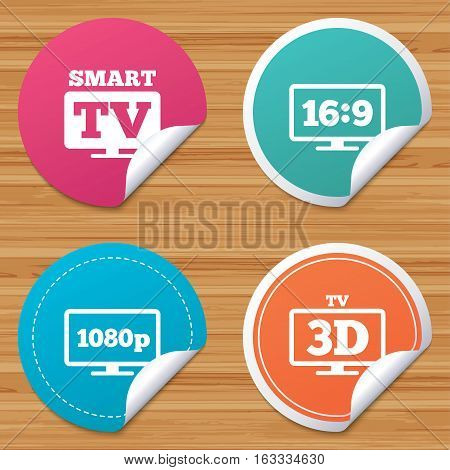Round stickers or website banners. Smart TV mode icon. Aspect ratio 16:9 widescreen symbol. Full hd 1080p resolution. 3D Television sign. Circle badges with bended corner. Vector