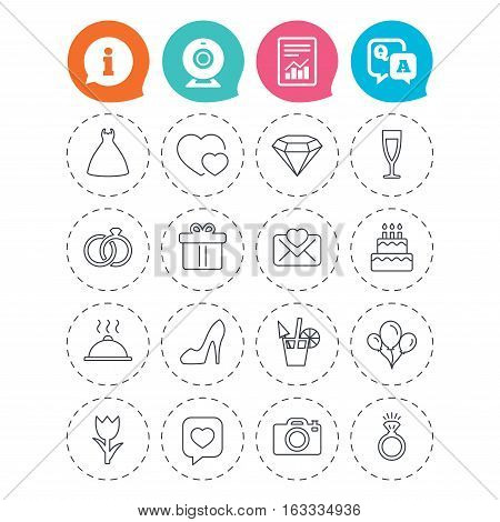 Wedding and party icons. Dress, diamond and rings. Gift box, invitatiom letter and rose flower. Speech bubble with heart and photo camera. Information, question and answer icons. Vector