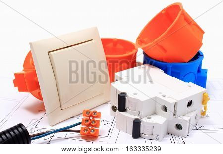Components for use in electrical installations and electrical diagrams accessories for engineering work energy concept