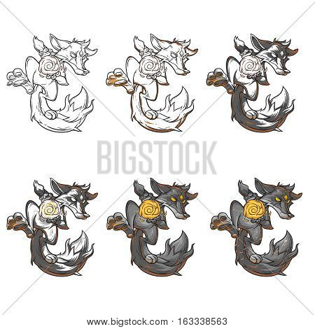 Set vector illustration of a cartoon monster fire fox. Print for T-shirts
