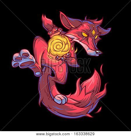 Vector illustration of a cartoon monster fire fox. Print for T-shirts