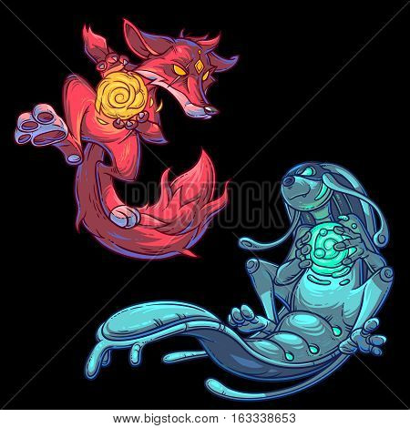 Vector illustration of a cartoon fire fox and monster water element. Print for T-shirts