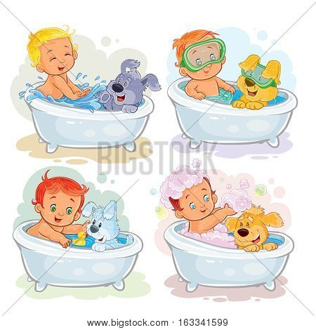 Set of vector clip art illustrations of little kids take a bath together with his dogs