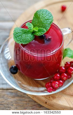 Pudding Made Of Red And Black Currant In A Glass Bowl Close-up.