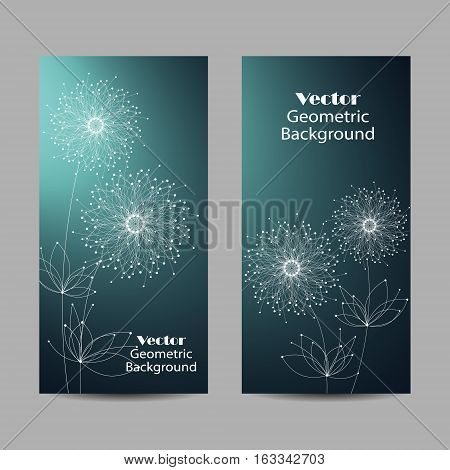 Set of vertical banners. Abstract geometric background with connected lines and dots in a shape of flowers. Vector illustration.