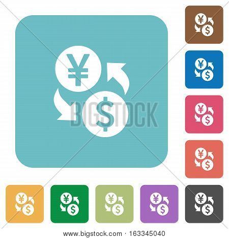 Yen Dollar exchange white flat icons on color rounded square backgrounds