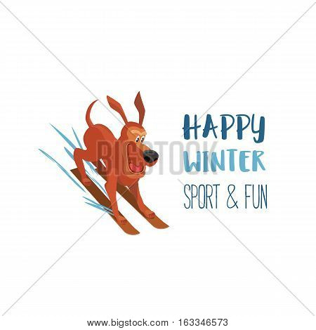 Skiiing cute dog. Domestic pet on mountain ski. Vector cartoon animal isolated. Season greeting card happy winter sport and fun. Design idea for advertisement of active lifestyle banner background