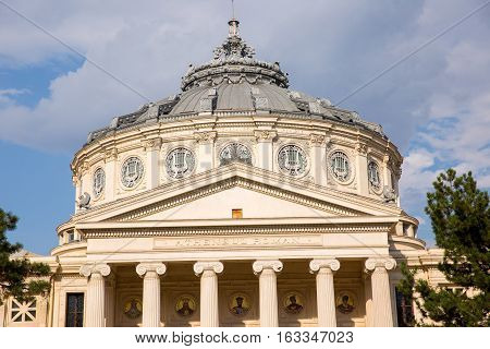 BUCHAREST ROMANIA - SEPTEMBER 3 2016: THE ROMANIAN ATHENAEUM GEORGE ENESCU (ATENEUL ROMAN) OPENED IN 1888 IS A CONCERT HALL IN THE CENTER OF BUCHAREST AND A LANDMARK OF THE ROMANIAN CAPITAL CITY