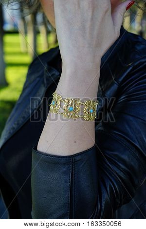 beautiful vintage gold Turkish Oriental handmade bracelets on the model's hand