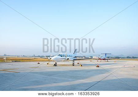 Two of Small Airplane or Aeroplane Parked at Airport.Small Airplane Famous to use Private Airplane.Mountain View.