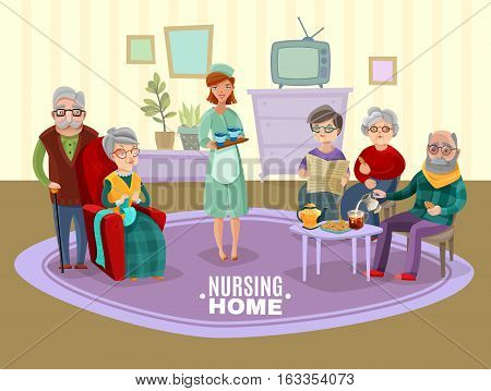 Nursing old people home with tea and newspaper flat vector illustration