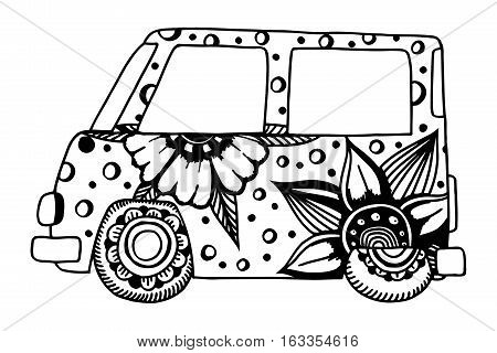 Hippie vintage car a mini van. Made by trace from sketch. Monochrome vector illustration.