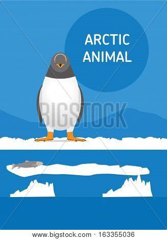 Funny penguin sitting in the snow. Vector drawing of a series of Arctic animals. Flat style illustration