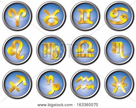 Gold zodiac signs on blue buttons. Vector image.