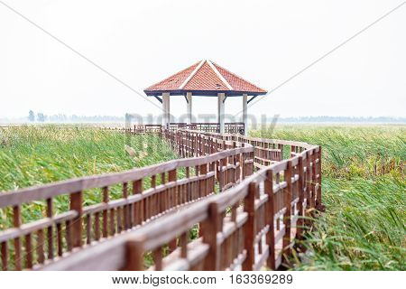 Walkway or walkpath with old pavilion in lake of thailand.