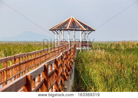 Walkway or walkpath with old pavilion in lake of thailand.