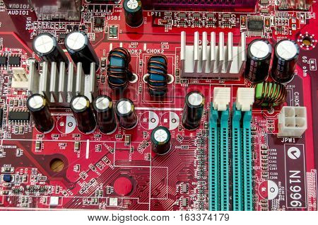 red computer Electronic circuit board clse up