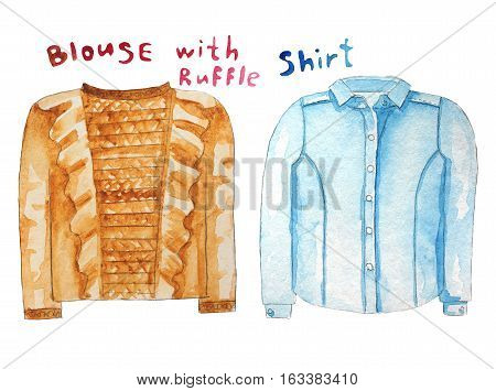 Blouse with ruffle. Blue shirt. Hand drawn watercolor illustration. Raster illustration