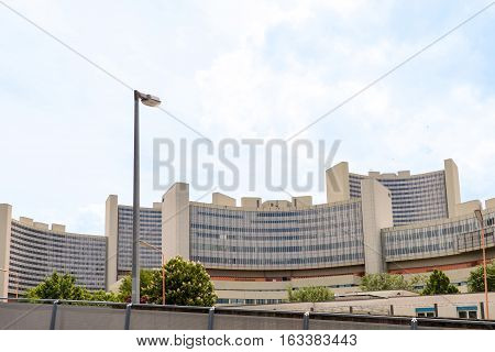 View on vienna modern building, famous landmark uno city, austria