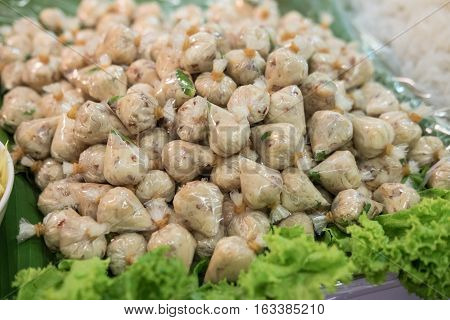 vegetarian sour pork made from steamed-mushroom Nham mushrooms in the market