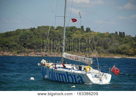 ISTANBUL/TURKEY-AUGUST 14, 2016: Columbia Yacht at the seaside of Burgazada Island of Istanbul. August 14,