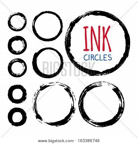 Fand painted ink circles set. Graphic design elements for web sites, stationary printables, corporate identity, scrapbooking, posters etc. Vector illustration.