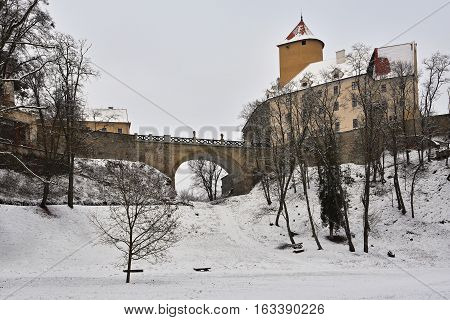 Winter landscape with a beautiful Gothic castle Veveri. Brno city - Czech Republic - Central Europe.